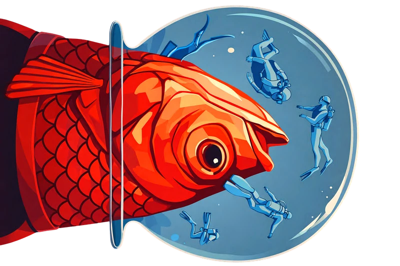 Red fish swimming through a blue underwater world with small divers, from the Studio Matsya pitch deck